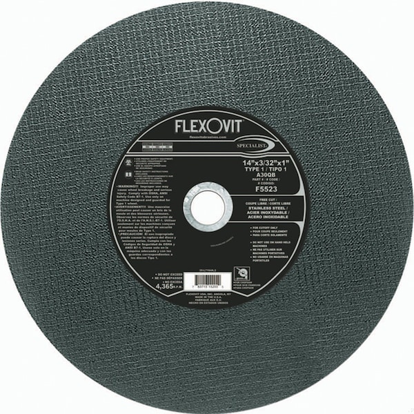 Flexovit Specialist Specialist Free Cut Cut-Off Wheel, 14 in Dia x 3/32 in THK, 1 in Center Hole, 30 Grit, Al F5523 - main